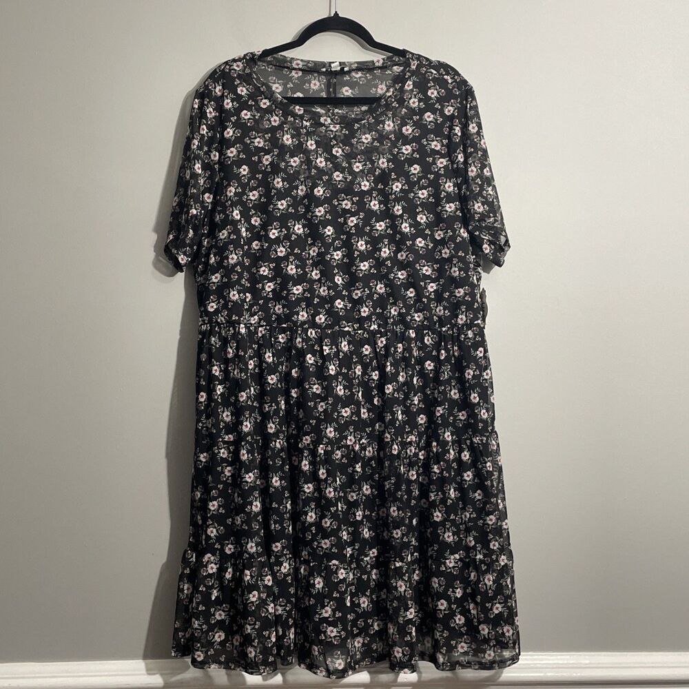 AUW Women’s 3X Black Floral Dress Sheer Yoke Lined NWT Plus Size Midi Dress